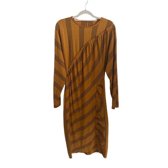 Zara collection Yellow Mustard Black Dress Midi Ruffled Ruched Dress L large - Picture 7 of 11